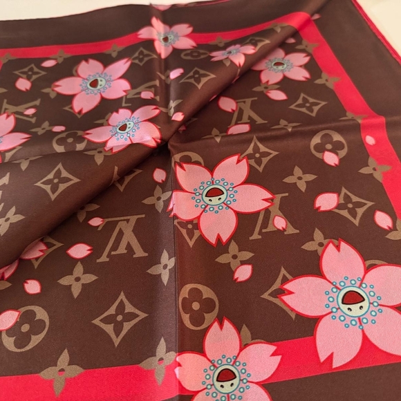 Louis Vuitton x Takashi Murakami Cherry Blossom Silk Scarf Brown Pink Monogram - Picture 2 of 8